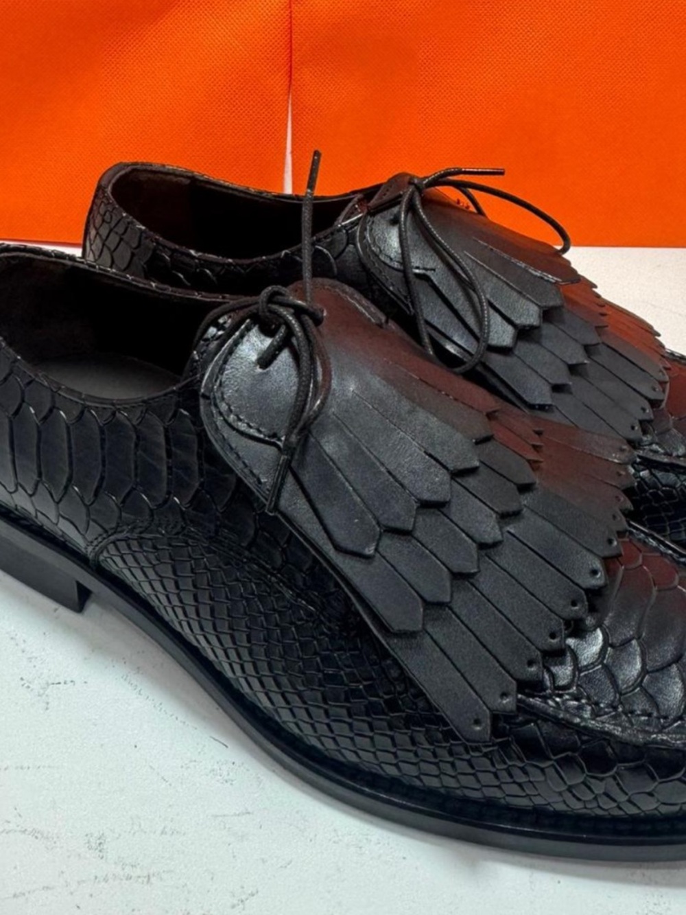 Black snake skin leather fringe loafer
